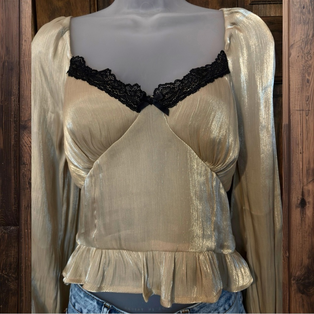 Shimmering Gold Blouse with Black Lace Detail​ - Picture 2 of 6